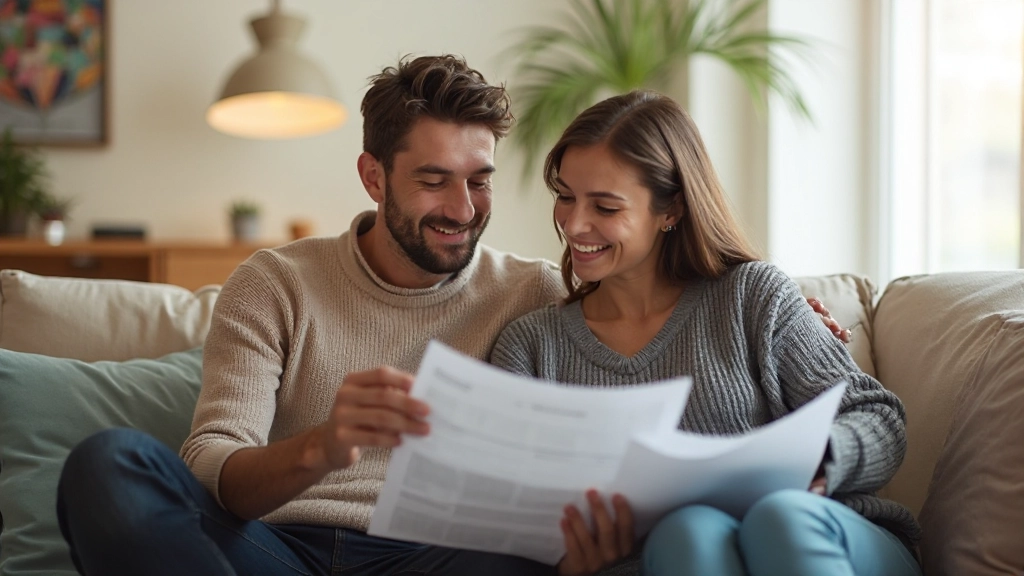 Пара просматривает финансовые планы вместе в уютном доме с документами и калькулятором