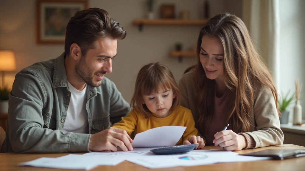 Профессиональное фото: семья обсуждает семейный бюджет за столом с документами