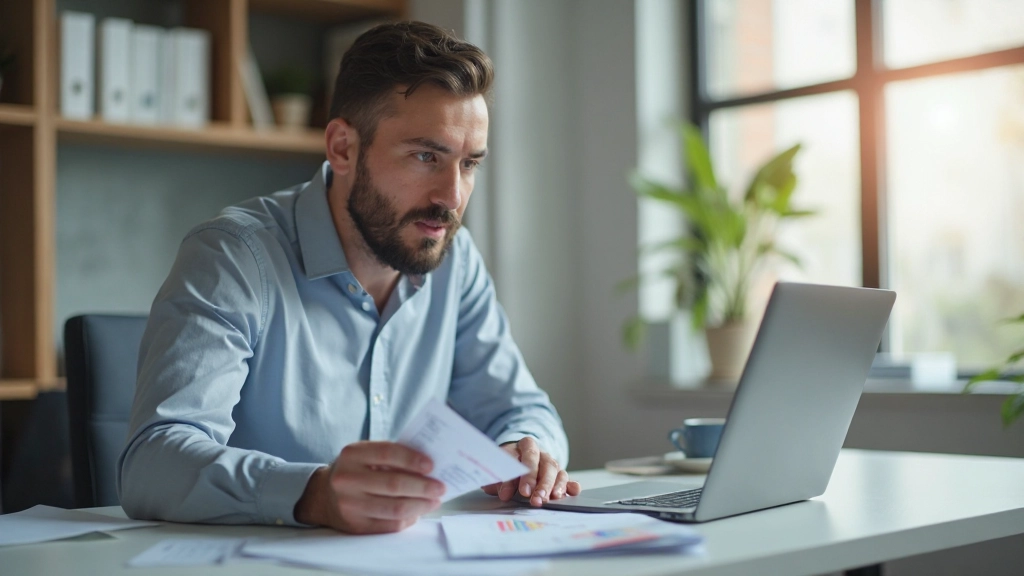 Профессиональное фото: человек анализирует квитанции и расходы за компьютером