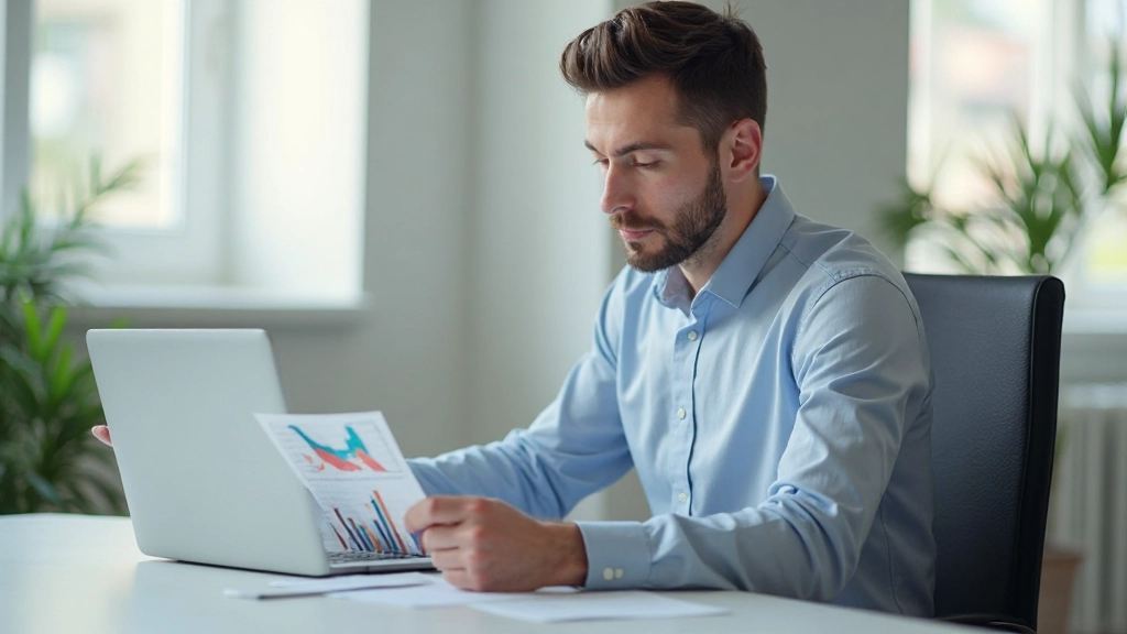 Person analyzing expenses chart on laptop with financial spreadsheet and notepad