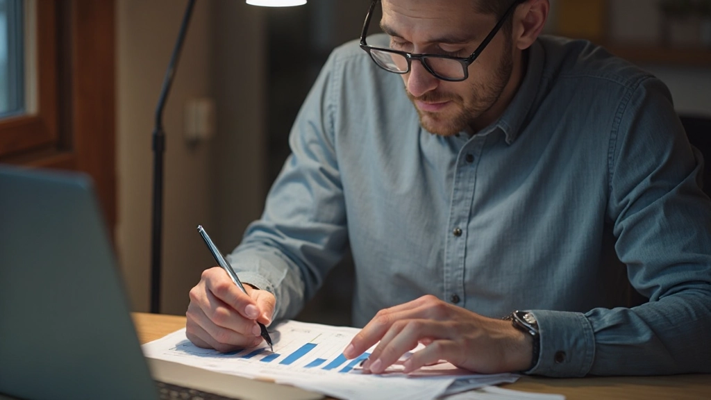Человек отслеживает финансовый прогресс с помощью графиков и таблиц