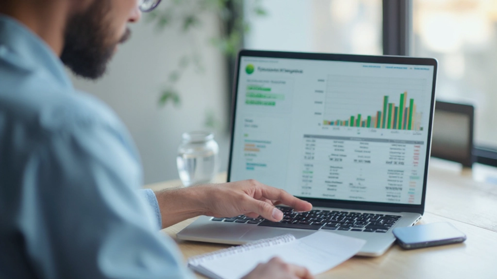 Человек анализирует таблицу расходов на ноутбуке с финансовым отчетом и блокнотом