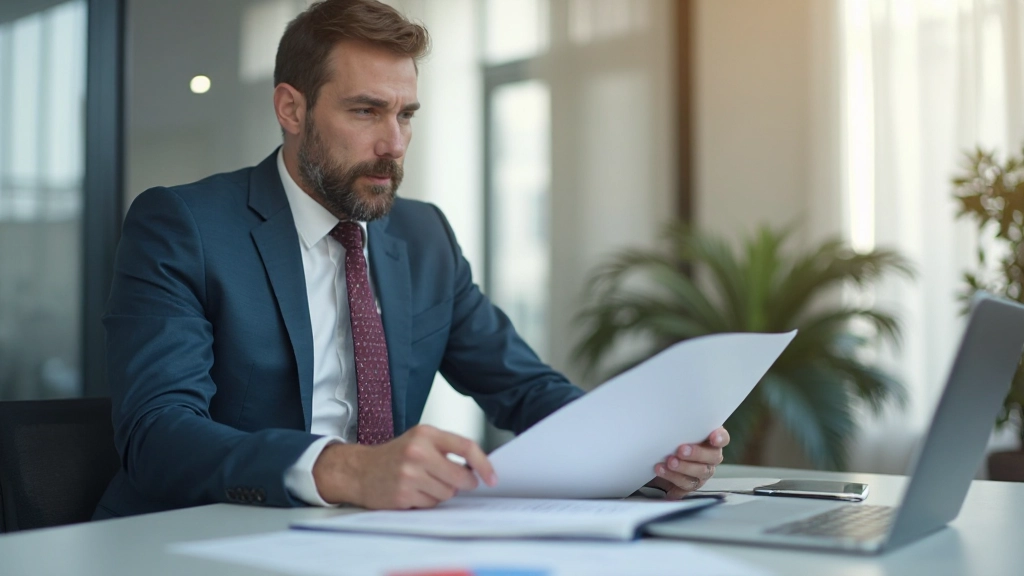 Financial professional reviewing portfolio documents with charts and market analysis data
