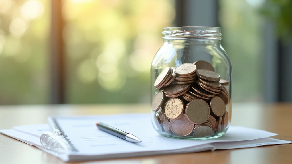Крупный план копилки с монетами и финансовым планировщиком на деревянной поверхности