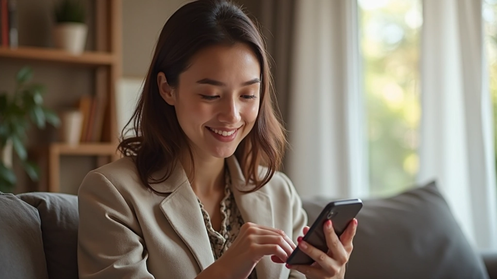 Профессиональное фото: молодая женщина ведет учет своих сбережений в мобильном приложении