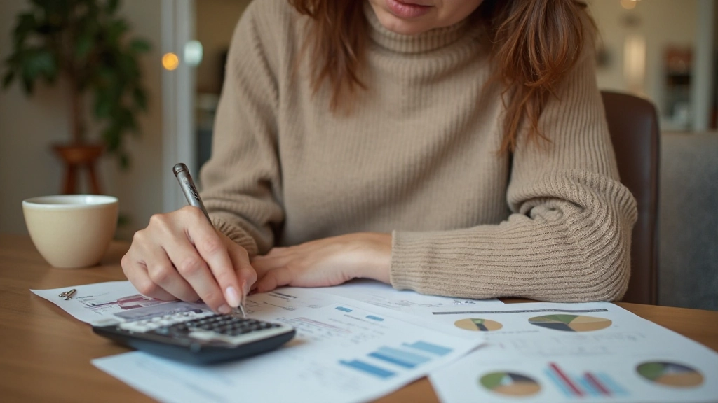 Профессиональная женщина просматривает финансовые документы за столом с калькулятором и блокнотом