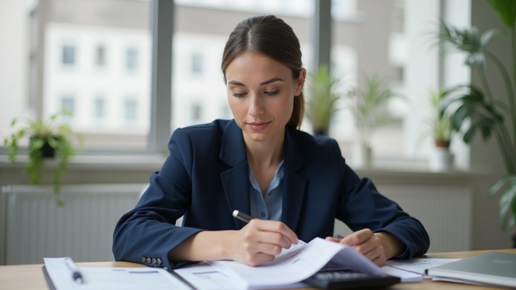 Professional woman reviewing financial documents at desk with calculator and notebook